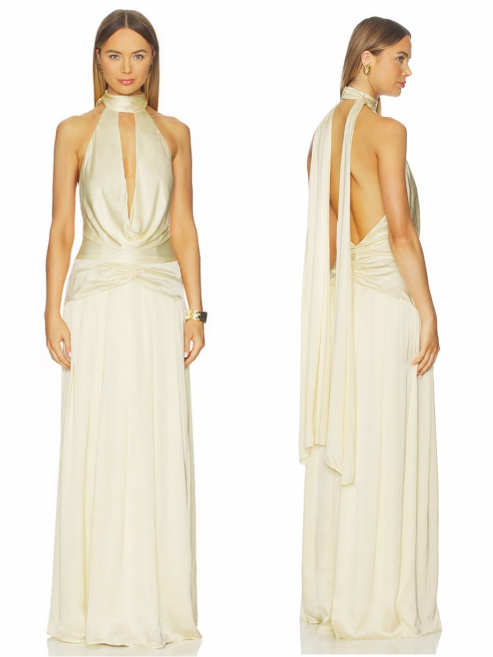LPA Elinor Gown in Butter Yellow Halter Maxi Dress with Draped Back NEW! W/ tags